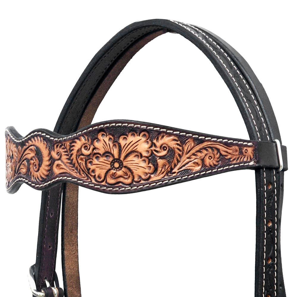 Hilason Western Horse Floral Hand Carved Headstall Breast Collar Set Genuine Leather Brown: Tack Set
