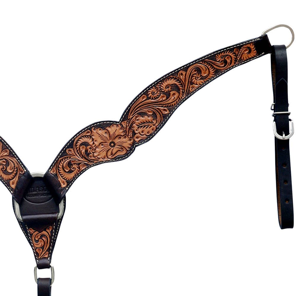 Hilason Western Horse Floral Hand Carved Headstall Breast Collar Set Genuine Leather Brown: Tack Set