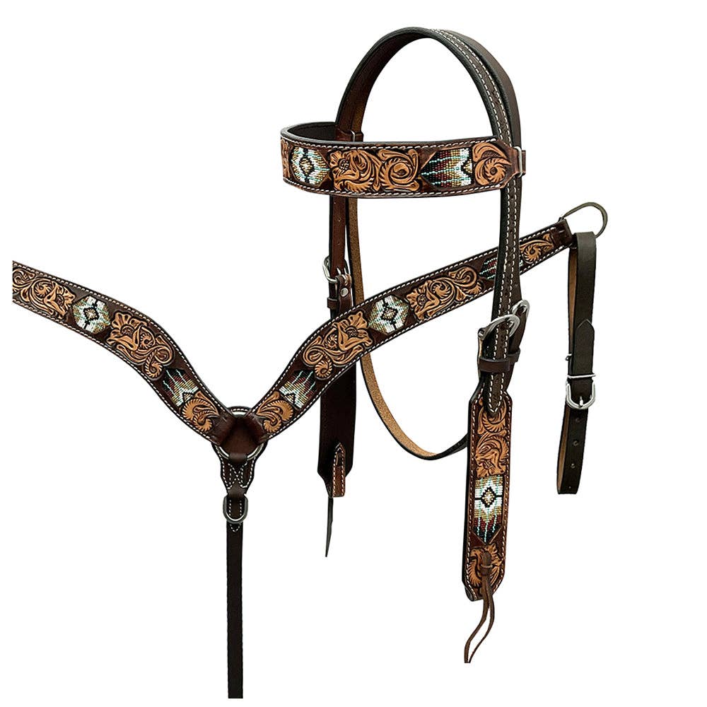 HILASON Western Horse Beaded Hand Tooled Genuine Leather Headstall Breast Collar Brown | Leather Headstall | Leather Breast Collar | Tack Set for Horses: Tack Set