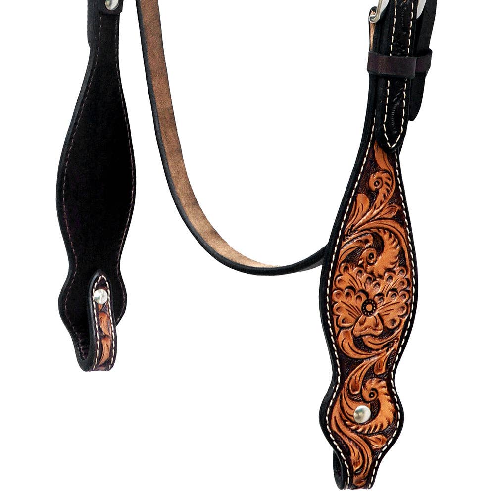 Hilason Western Horse Floral Hand Carved Headstall Breast Collar Set Genuine Leather Brown: Tack Set