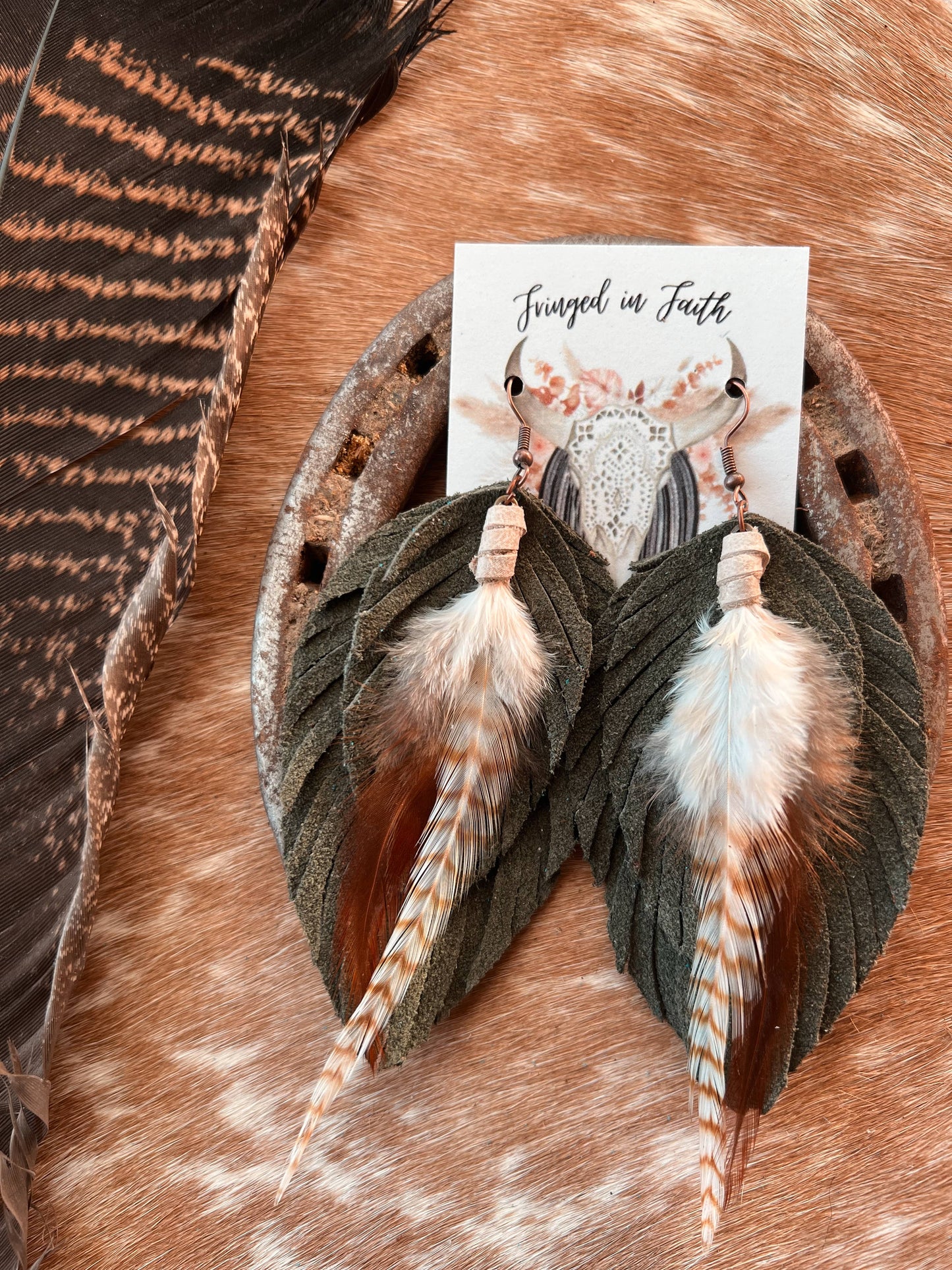 Ronan Fringe Feather Earrings | Olive