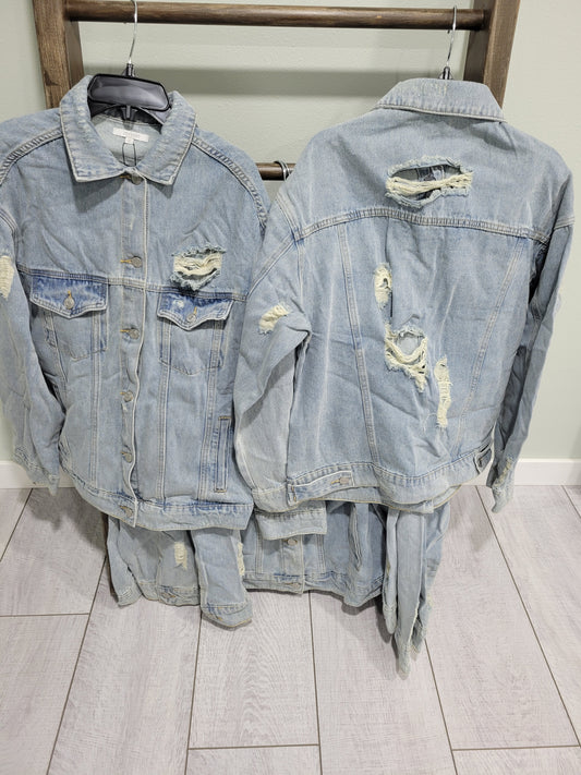 Oversize Medium Wash Ripped Denim Jacket