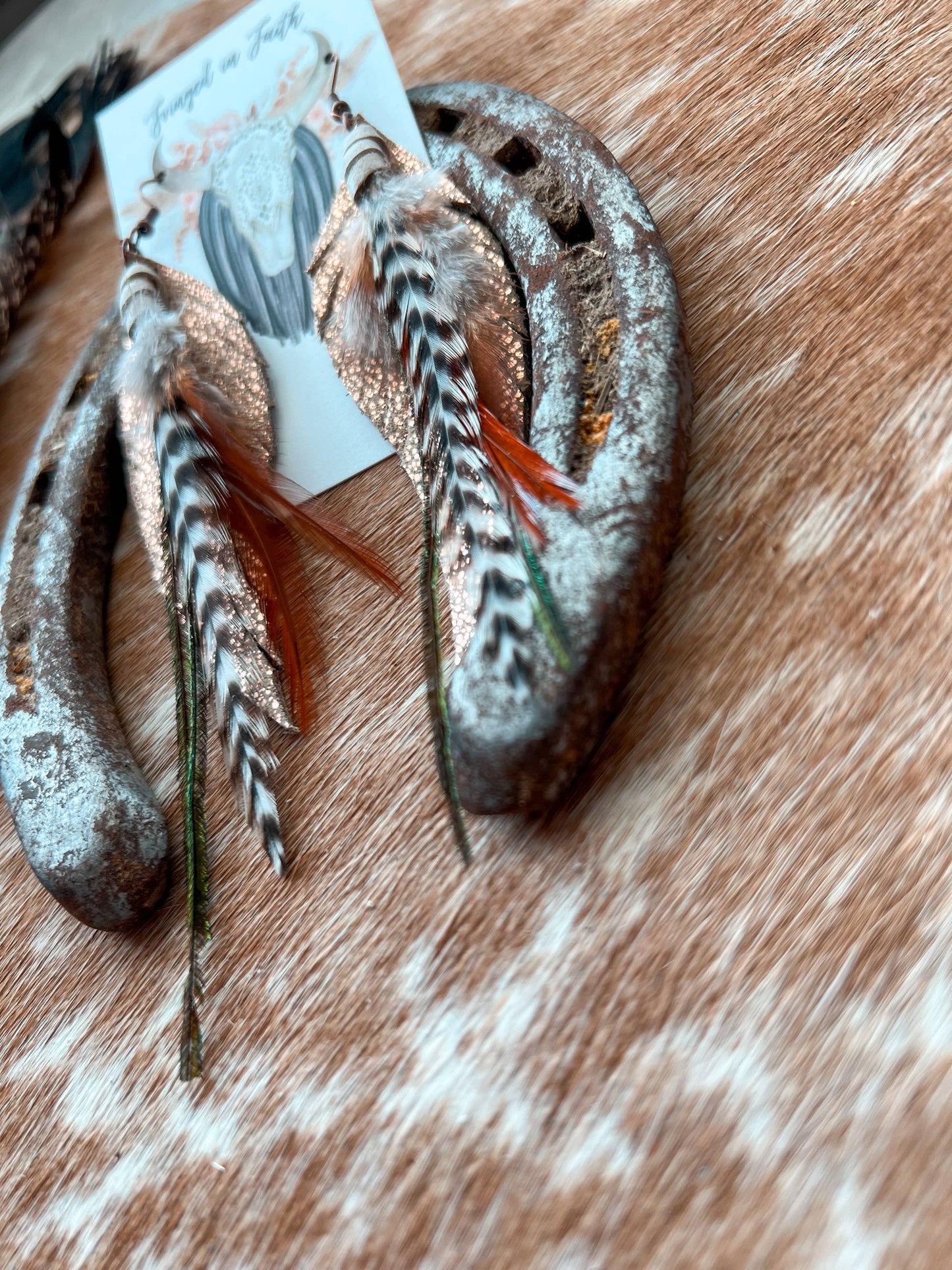 Round Up Feather Earrings | Rose Gold w/ Black & White