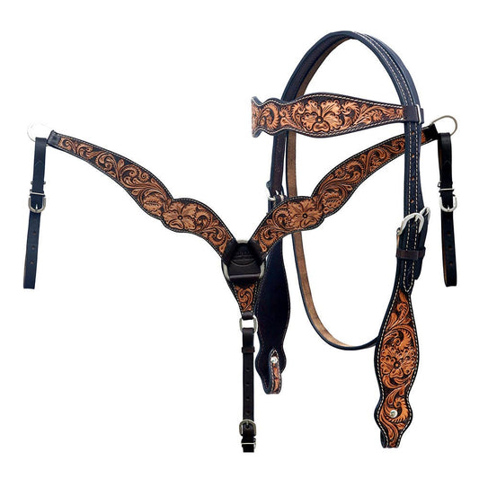 Hilason Western Horse Floral Hand Carved Headstall Breast Collar Set Genuine Leather Brown: Tack Set