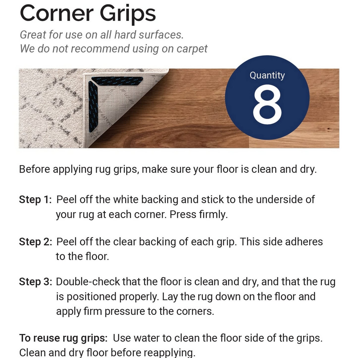 Corner Rug Grippers: Black / 100% Polyurethane Gel / 7" x 1" (8-Pack)