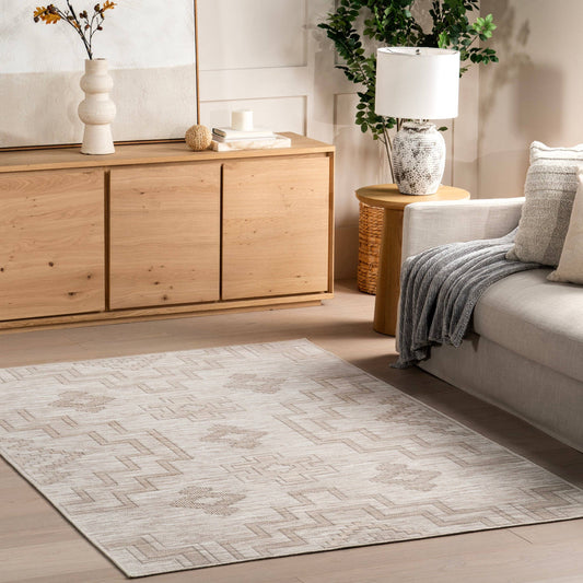 Avni Southwestern Machine Washable Area Rug: Ivory / Rectangle / 5' x 8'