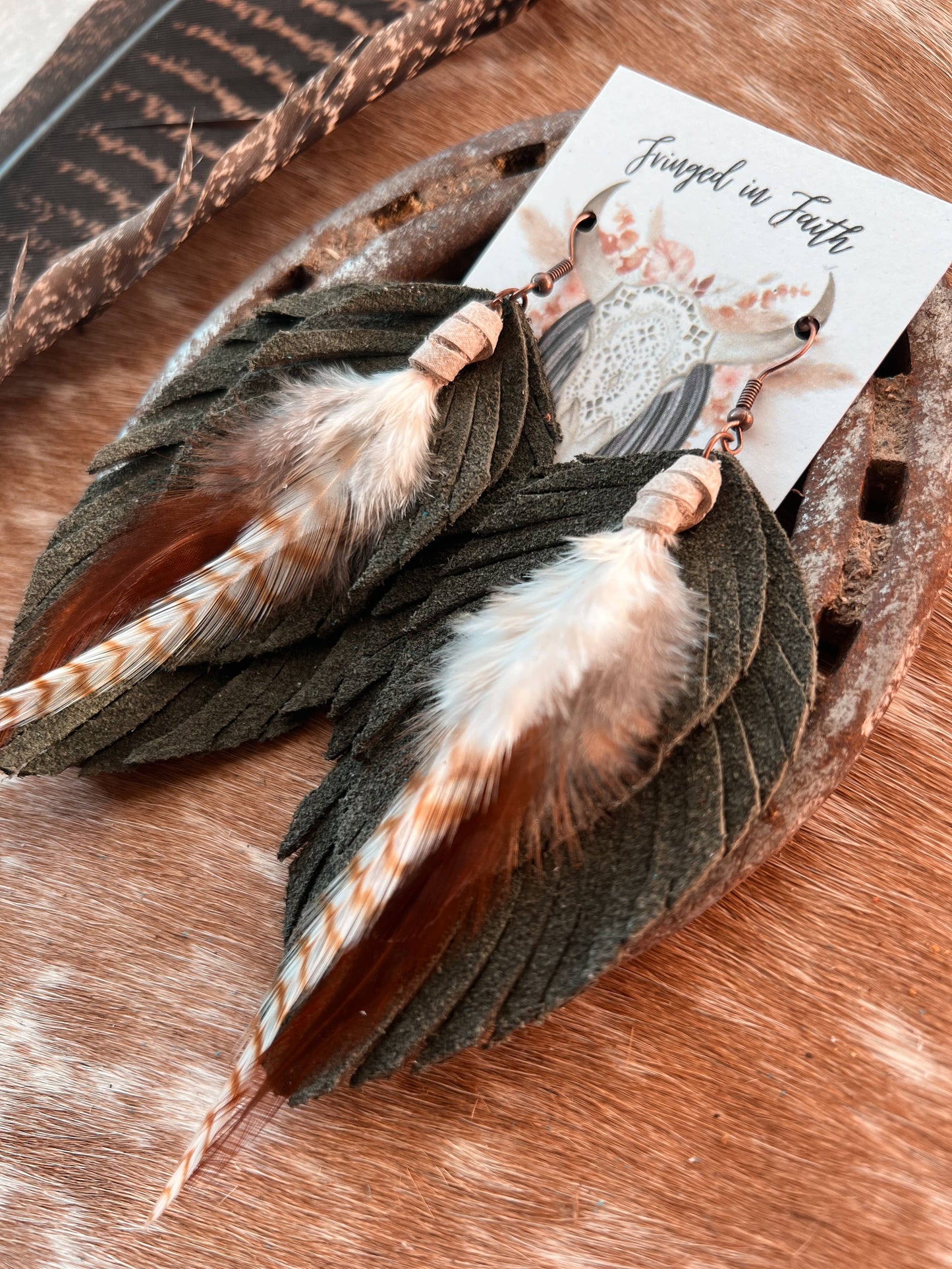 Ronan Fringe Feather Earrings | Olive