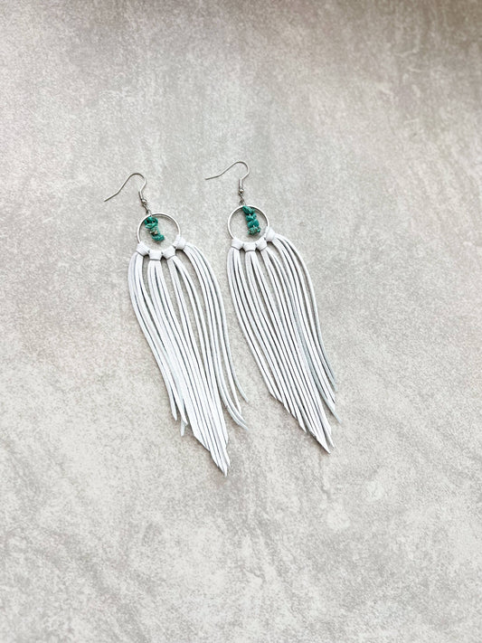 Bozeman Fringe Earrings w/ Turquoise Beads: White