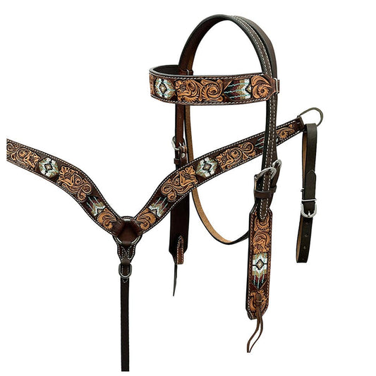 HILASON Western Horse Beaded Hand Tooled Genuine Leather Headstall Breast Collar Brown | Leather Headstall | Leather Breast Collar | Tack Set for Horses: Tack Set