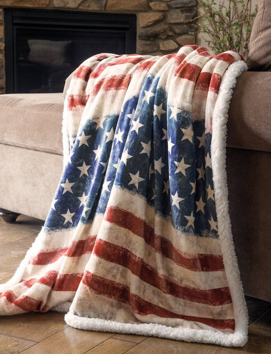 Wrangler Stars & Stripes American Flag Plush Fur Sherpa Fleece Blanket